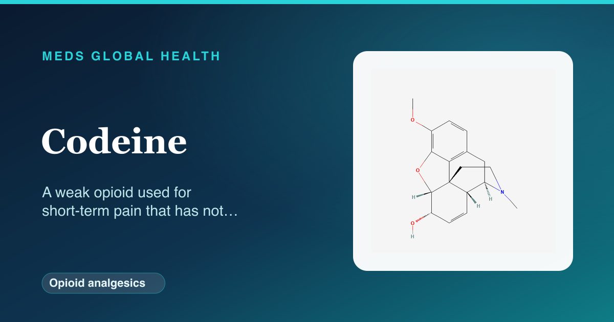 Codeine (Opioid analgesics) — Meds Global Health reference card with 2D molecular structure