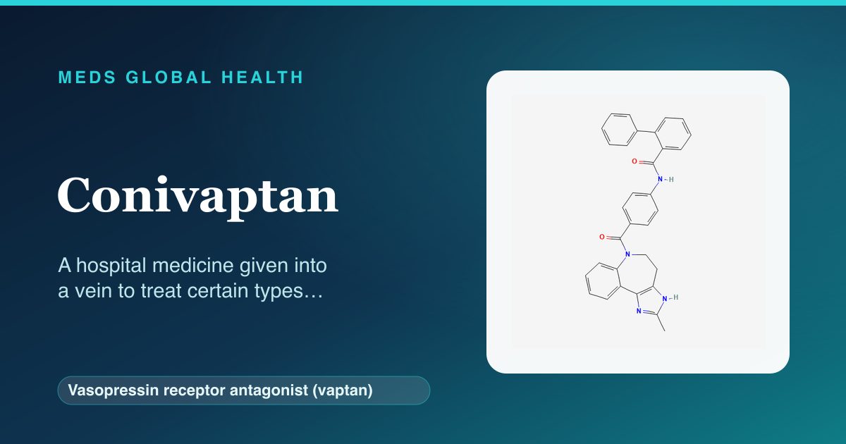 Conivaptan (Vasopressin receptor antagonist (vaptan)) — Meds Global Health reference card with 2D molecular structure