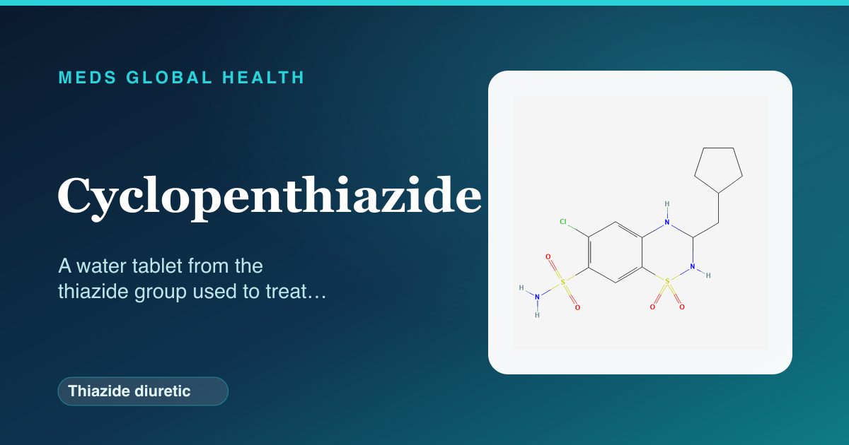 Cyclopenthiazide (Thiazide diuretic) — Meds Global Health reference card with 2D molecular structure