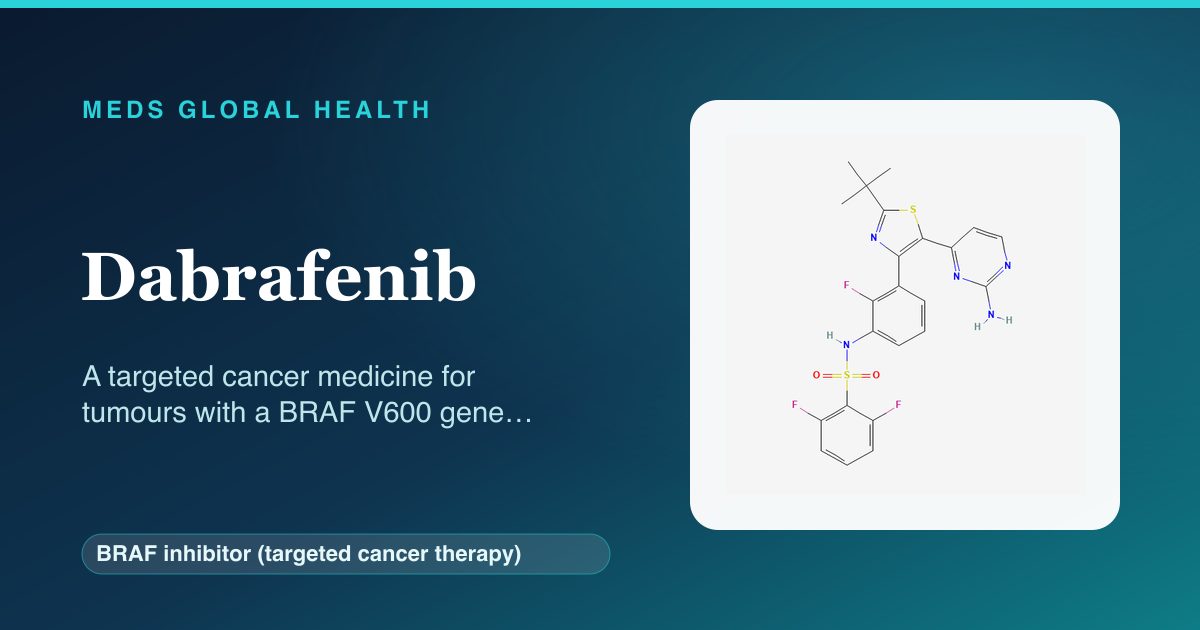 Dabrafenib (BRAF inhibitor (targeted cancer therapy)) — Meds Global Health reference card with 2D molecular structure