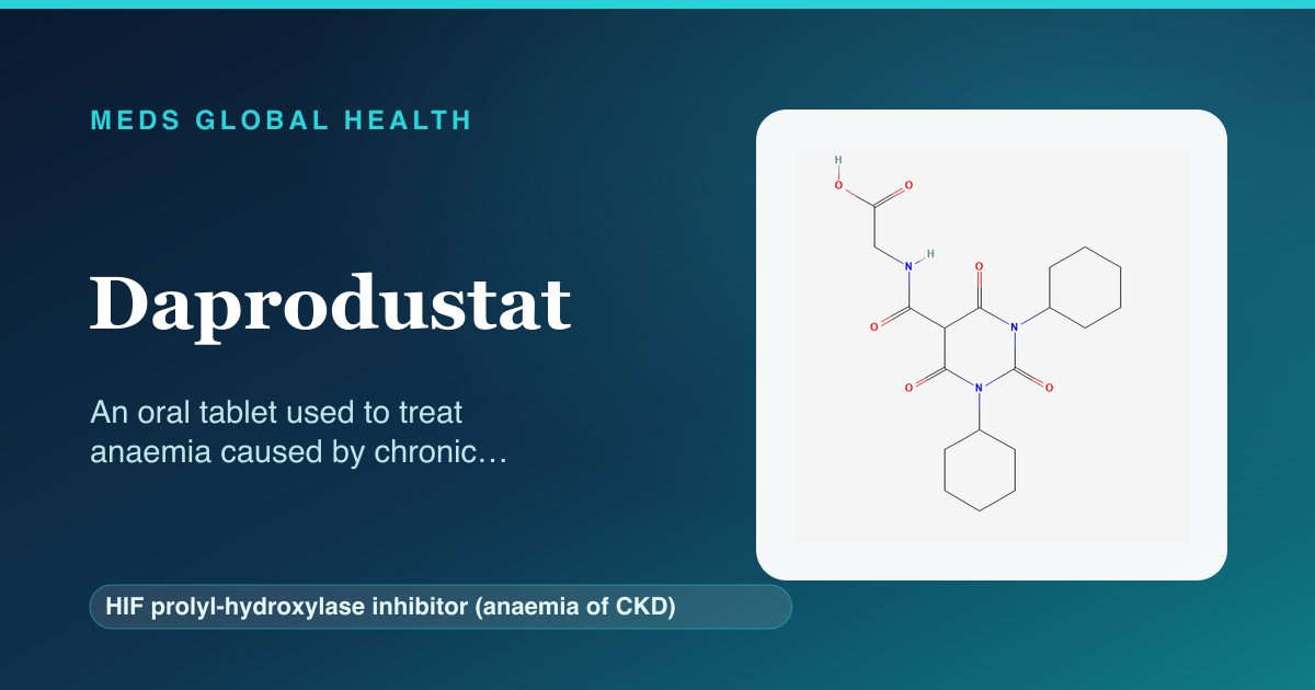 Daprodustat (HIF prolyl-hydroxylase inhibitor (anaemia of CKD)) — Meds Global Health reference card with 2D molecular structure