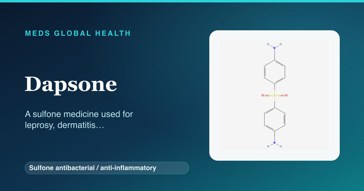 Dapsone (Sulfone antibacterial / anti-inflammatory) — Meds Global Health reference card with 2D molecular structure