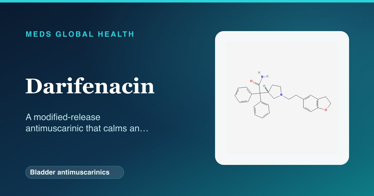 Darifenacin (Bladder antimuscarinics) — Meds Global Health reference card with 2D molecular structure