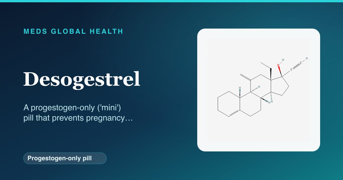 Desogestrel (Progestogen-only pill) — Meds Global Health reference card with 2D molecular structure