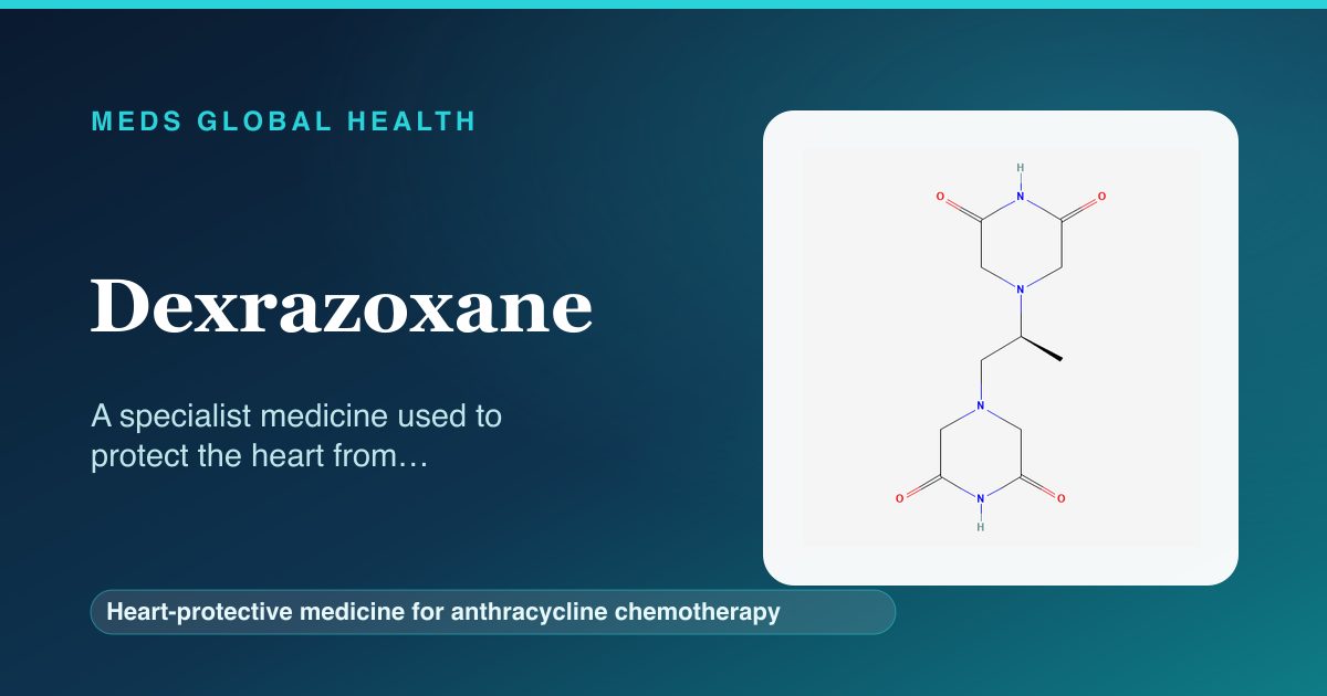 Dexrazoxane (Heart-protective medicine for anthracycline chemotherapy) — Meds Global Health reference card with 2D molecular structure