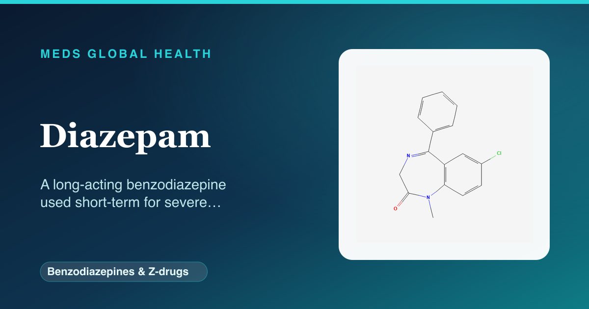 Diazepam (Benzodiazepines & Z-drugs) — Meds Global Health reference card with 2D molecular structure