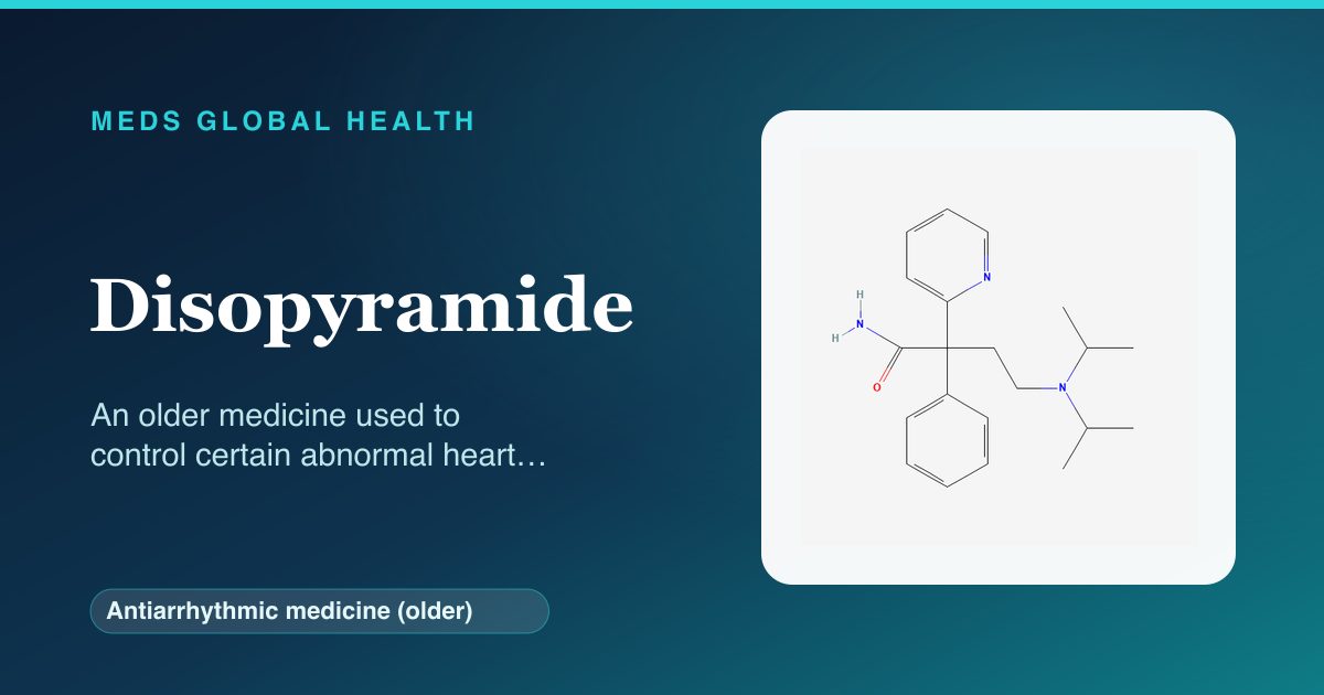 Disopyramide (Antiarrhythmic medicine (older)) — Meds Global Health reference card with 2D molecular structure