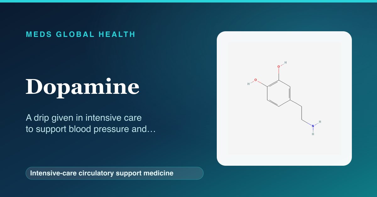 Dopamine (Intensive-care circulatory support medicine) — Meds Global Health reference card with 2D molecular structure