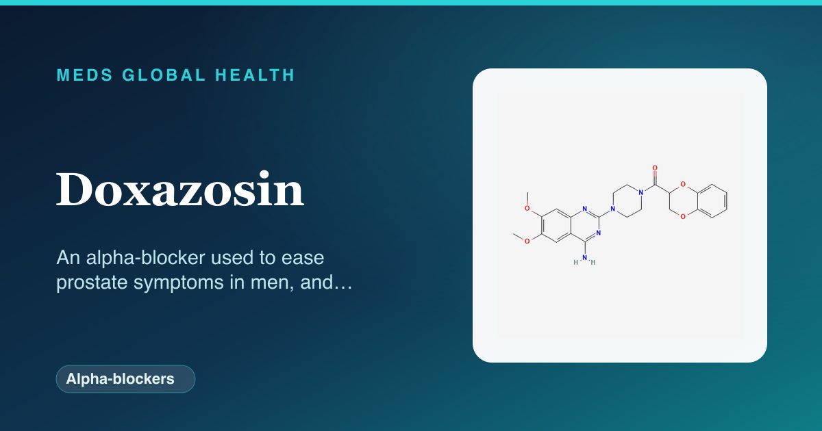 Doxazosin (Alpha-blockers) — Meds Global Health reference card with 2D molecular structure