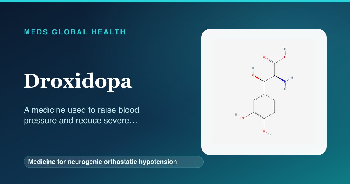 Droxidopa (Medicine for neurogenic orthostatic hypotension) — Meds Global Health reference card with 2D molecular structure