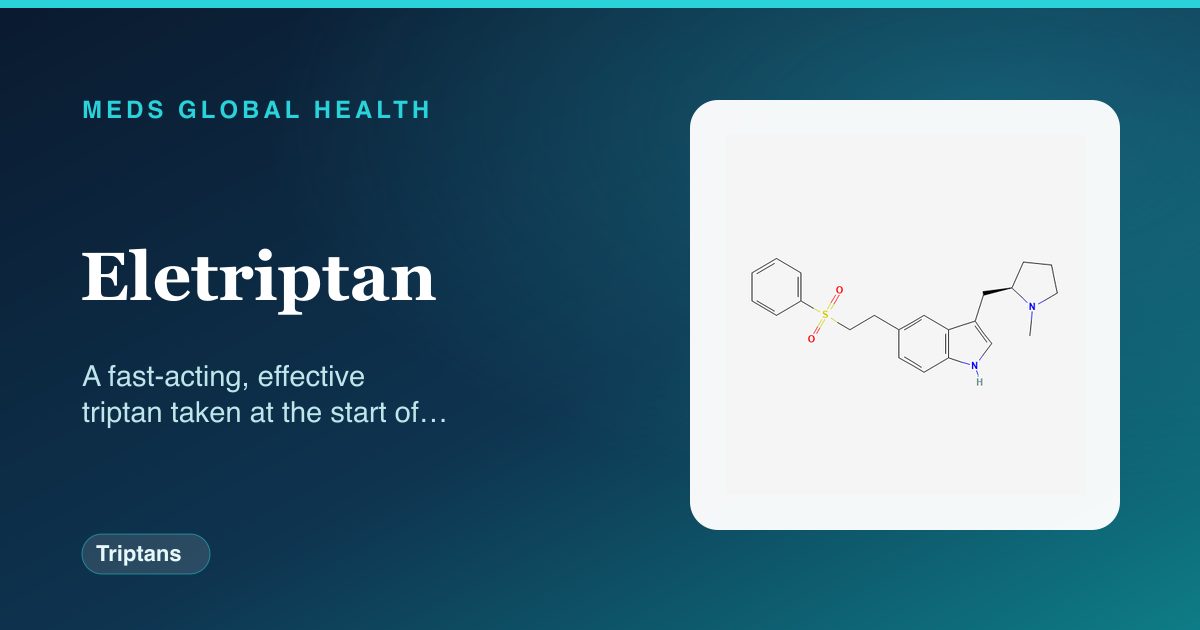 Eletriptan (Triptans) — Meds Global Health reference card with 2D molecular structure