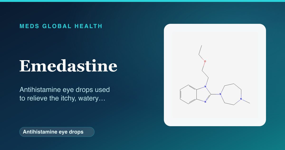Emedastine (Antihistamine eye drops) — Meds Global Health reference card with 2D molecular structure
