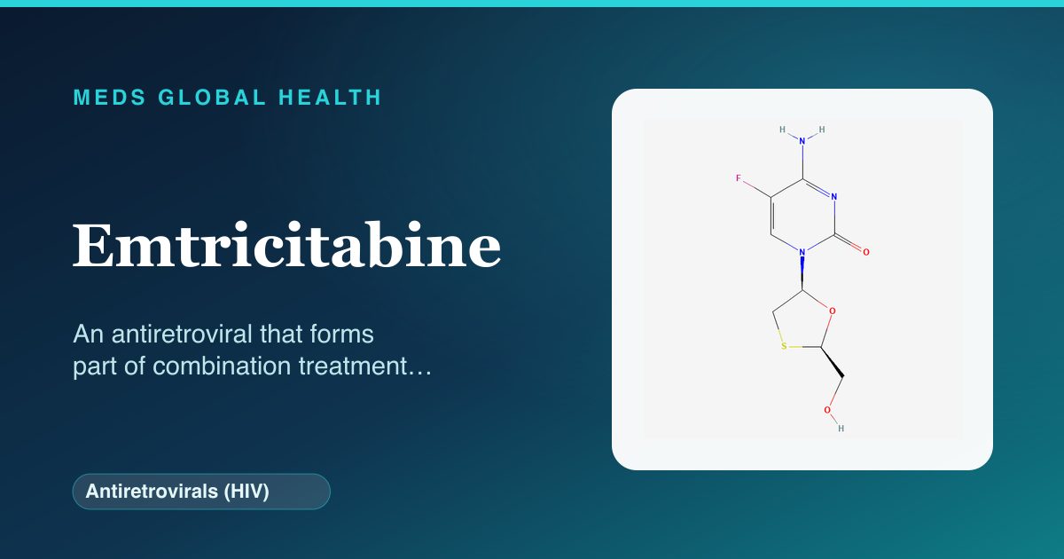 Emtricitabine (Antiretrovirals (HIV)) — Meds Global Health reference card with 2D molecular structure
