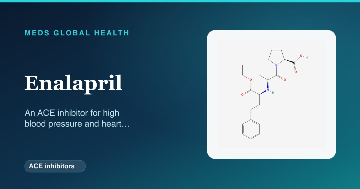 Enalapril (ACE inhibitors) — Meds Global Health reference card with 2D molecular structure