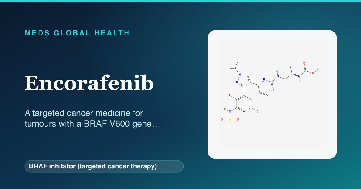 Encorafenib (BRAF inhibitor (targeted cancer therapy)) — Meds Global Health reference card with 2D molecular structure