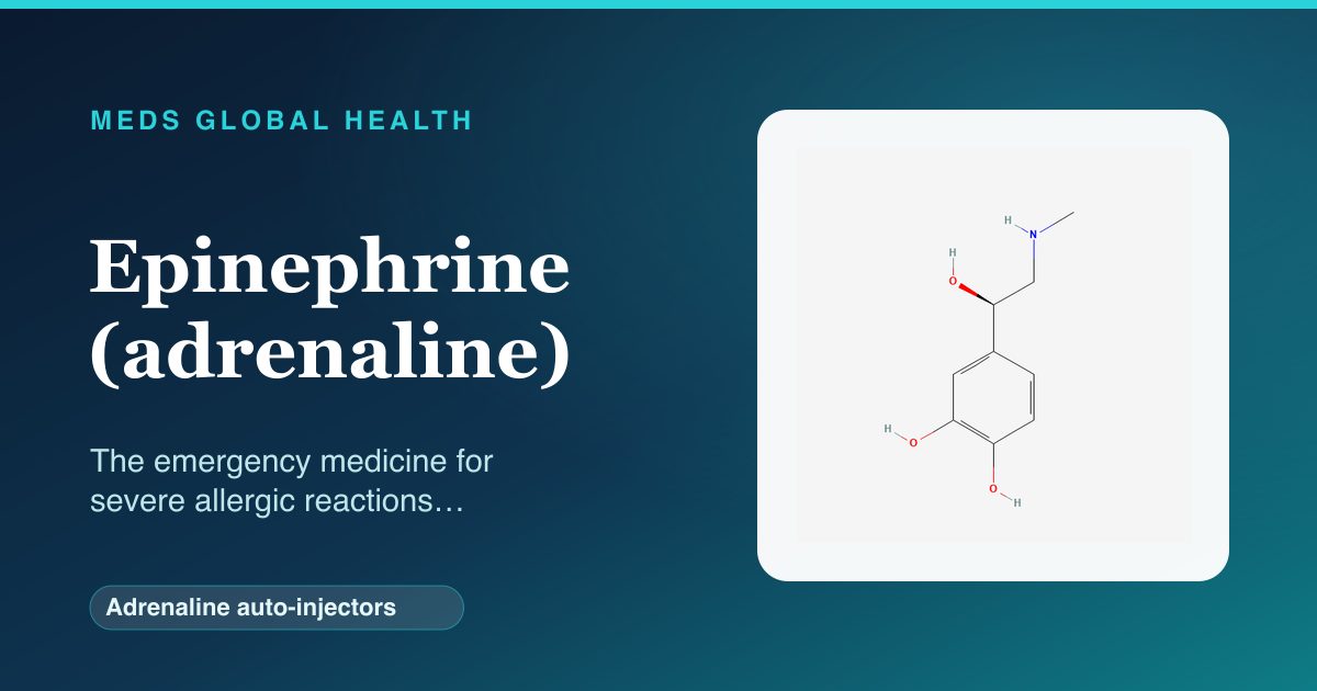 Epinephrine (adrenaline) (Adrenaline auto-injectors) — Meds Global Health reference card with 2D molecular structure