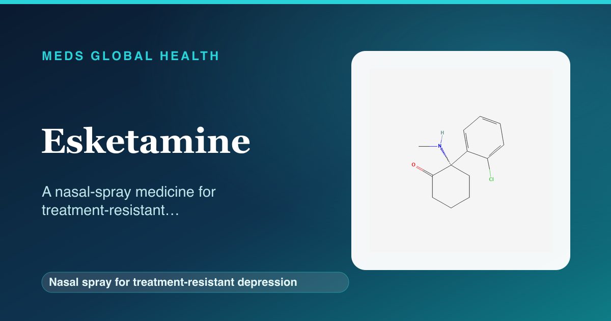 Esketamine (Nasal spray for treatment-resistant depression) — Meds Global Health reference card with 2D molecular structure