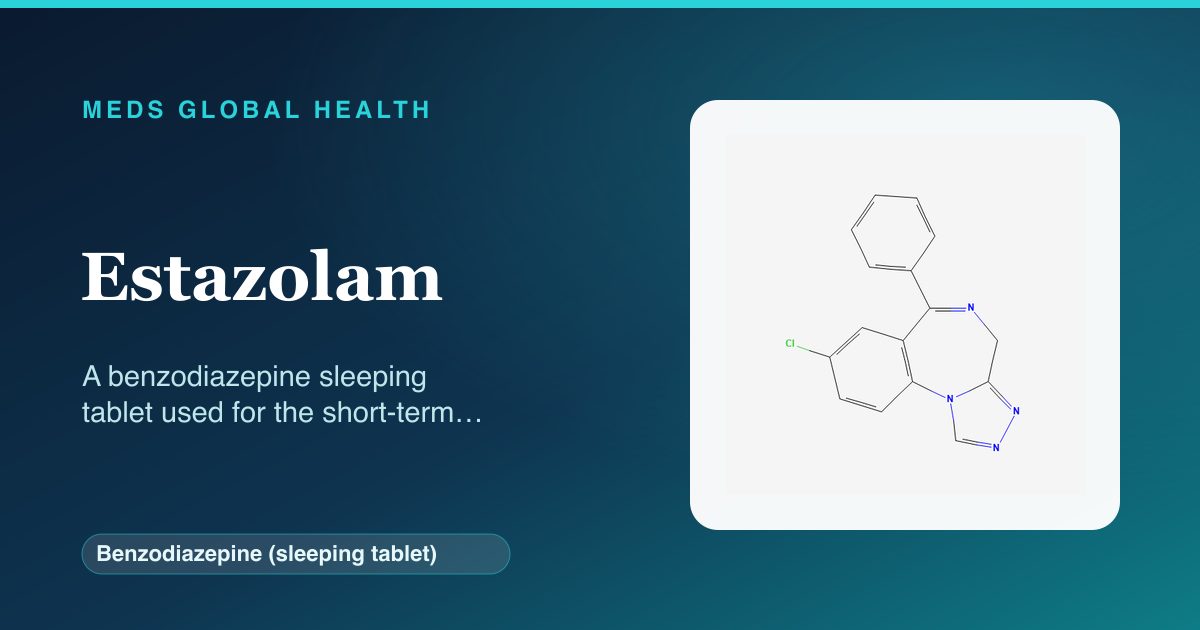 Estazolam (Benzodiazepine (sleeping tablet)) — Meds Global Health reference card with 2D molecular structure