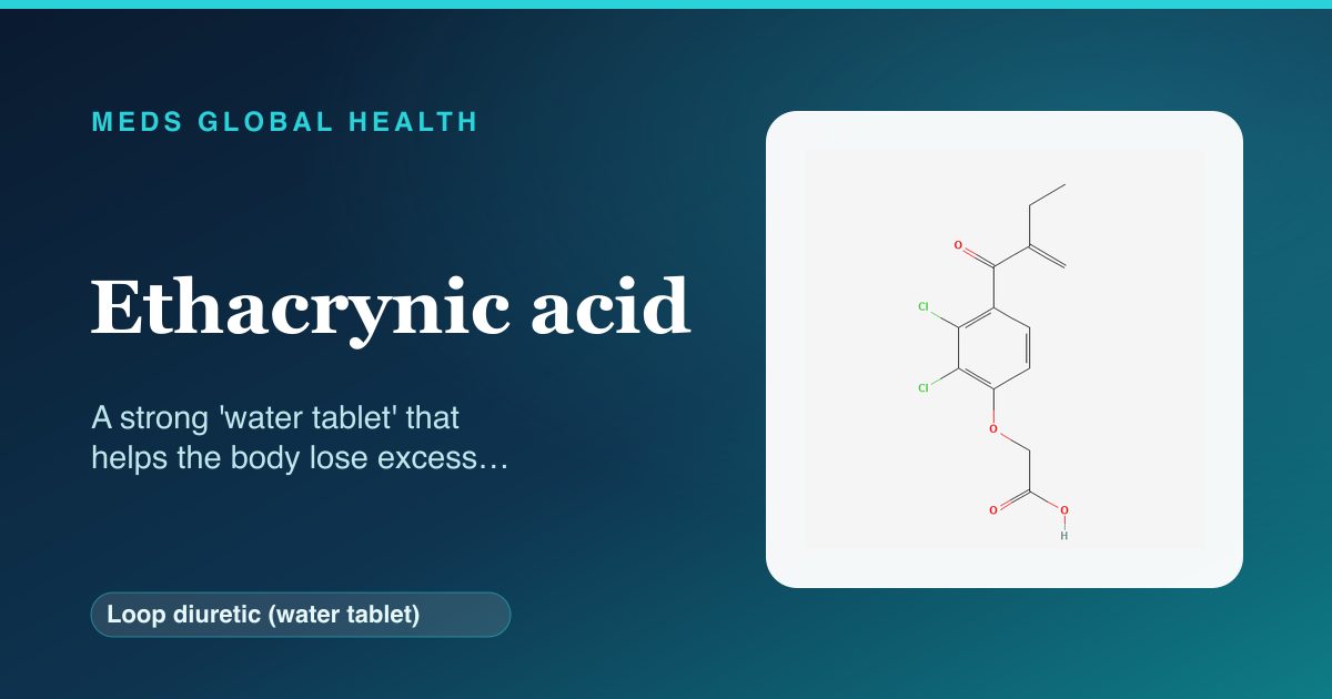 Ethacrynic acid (Loop diuretic (water tablet)) — Meds Global Health reference card with 2D molecular structure