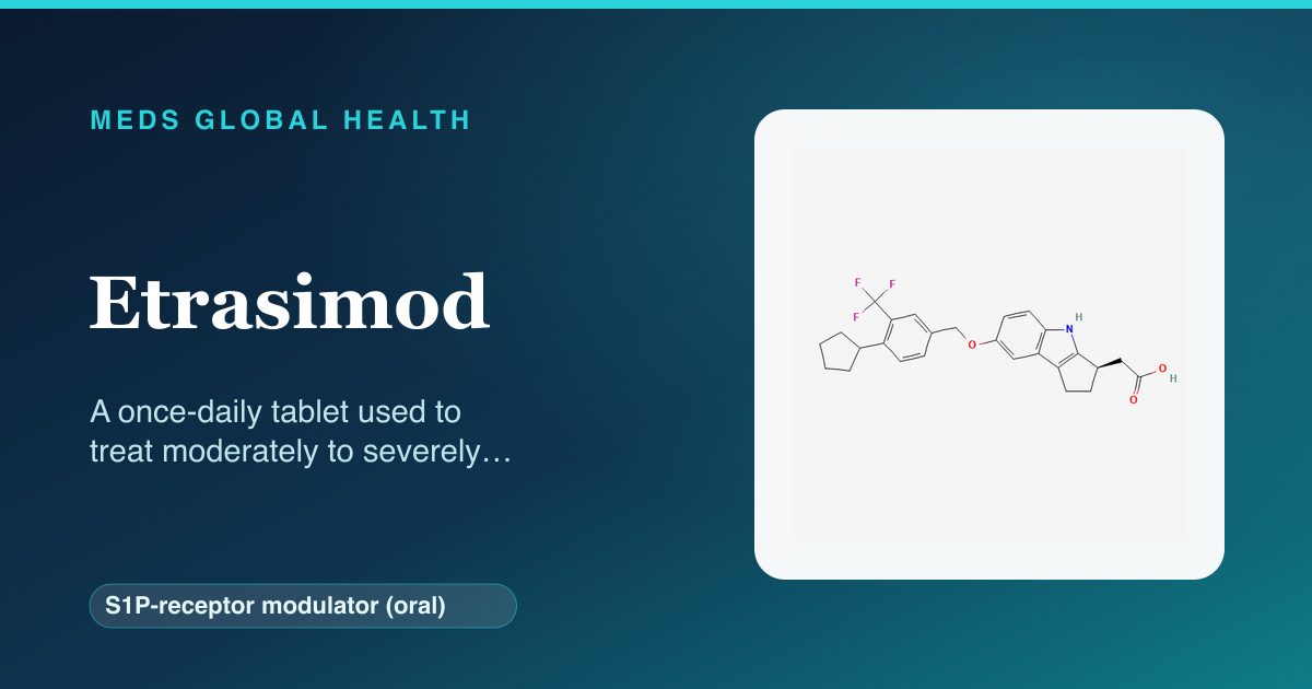 Etrasimod (S1P-receptor modulator (oral)) — Meds Global Health reference card with 2D molecular structure