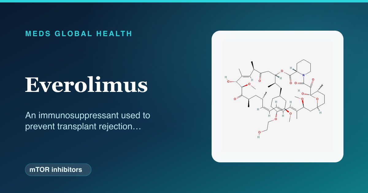 Everolimus (mTOR inhibitors) — Meds Global Health reference card with 2D molecular structure