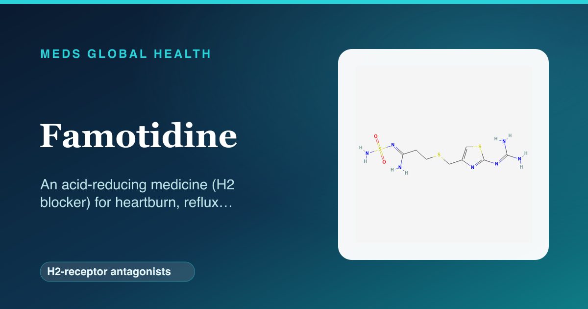 Famotidine (H2-receptor antagonists) — Meds Global Health reference card with 2D molecular structure