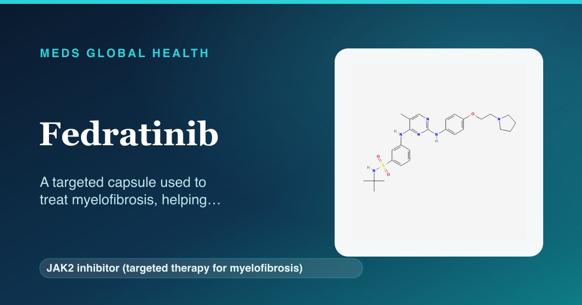 Fedratinib (JAK2 inhibitor (targeted therapy for myelofibrosis)) — Meds Global Health reference card with 2D molecular structure