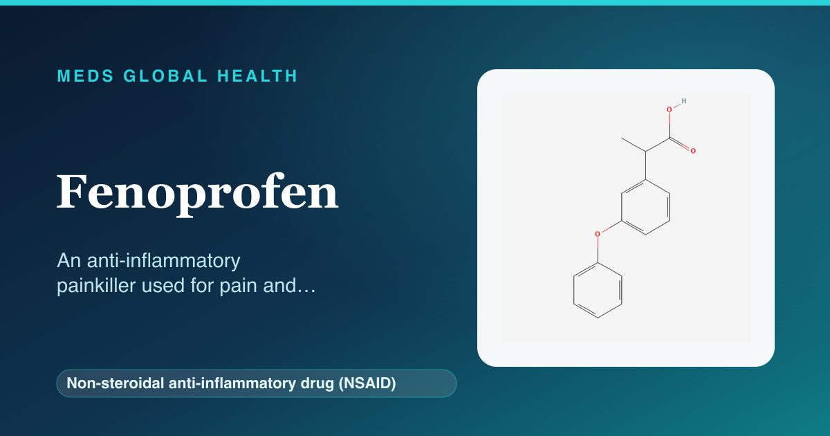 Fenoprofen (Non-steroidal anti-inflammatory drug (NSAID)) — Meds Global Health reference card with 2D molecular structure