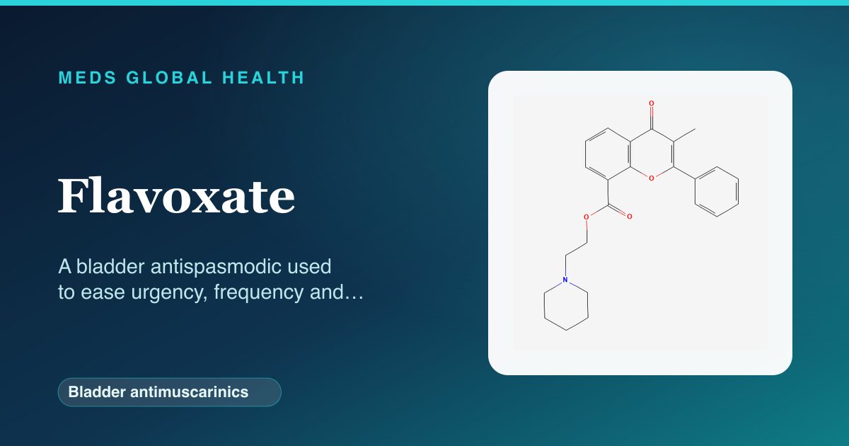 Flavoxate (Bladder antimuscarinics) — Meds Global Health reference card with 2D molecular structure