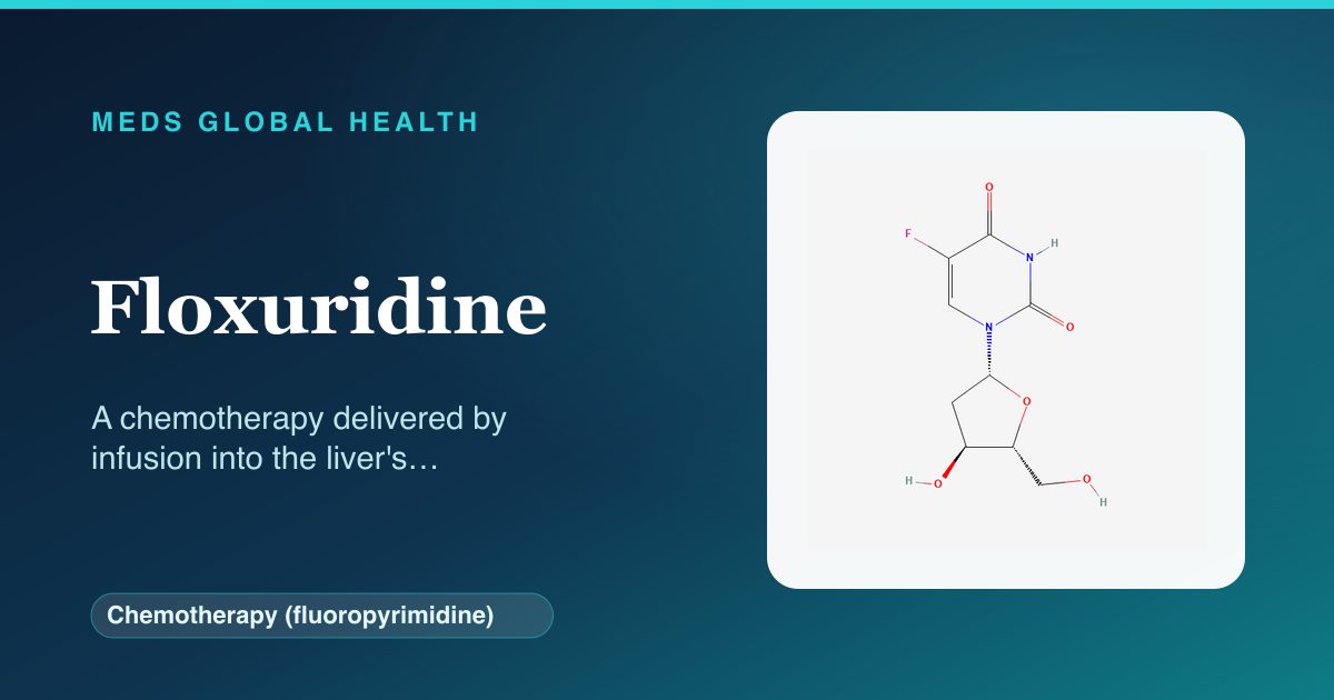 Floxuridine (Chemotherapy (fluoropyrimidine)) — Meds Global Health reference card with 2D molecular structure