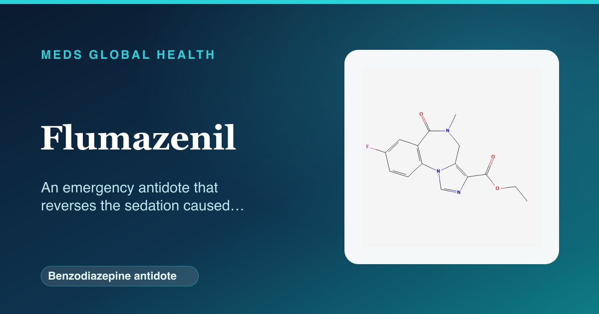 Flumazenil (Benzodiazepine antidote) — Meds Global Health reference card with 2D molecular structure