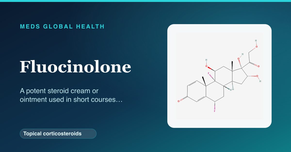 Fluocinolone (Topical corticosteroids) — Meds Global Health reference card with 2D molecular structure