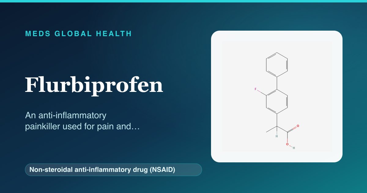 Flurbiprofen (Non-steroidal anti-inflammatory drug (NSAID)) — Meds Global Health reference card with 2D molecular structure