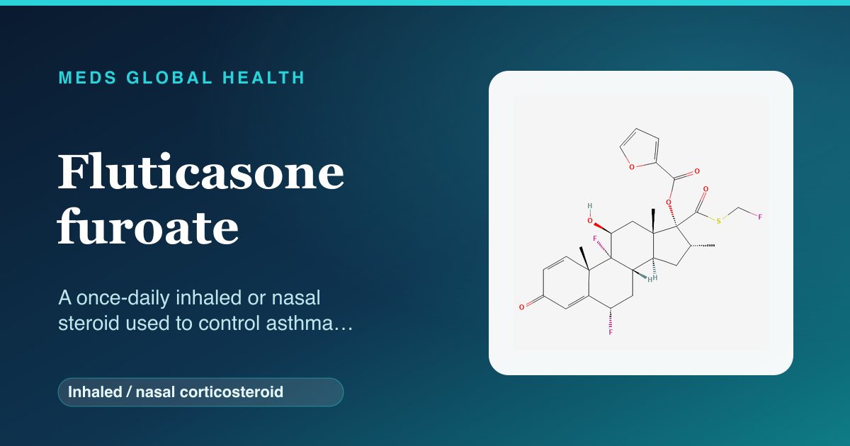 Fluticasone furoate (Inhaled / nasal corticosteroid) — Meds Global Health reference card with 2D molecular structure
