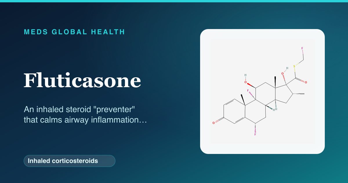 Fluticasone (Inhaled corticosteroids) — Meds Global Health reference card with 2D molecular structure