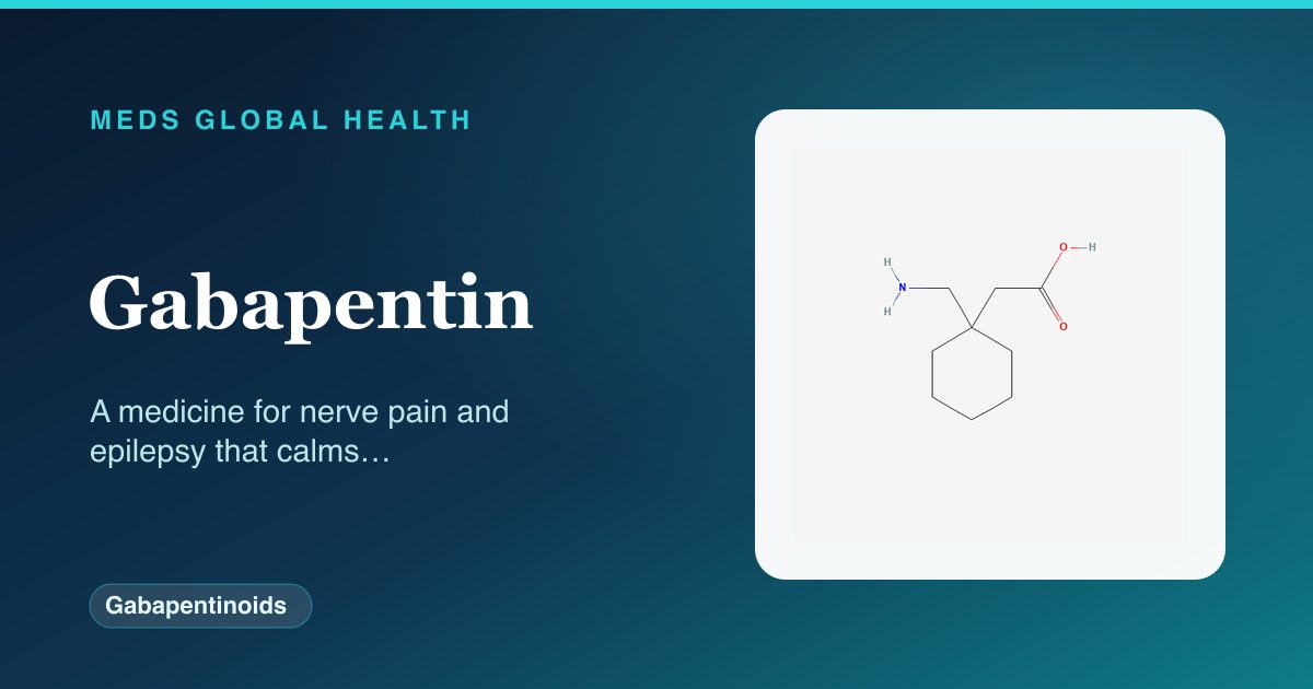 Gabapentin (Gabapentinoids) — Meds Global Health reference card with 2D molecular structure