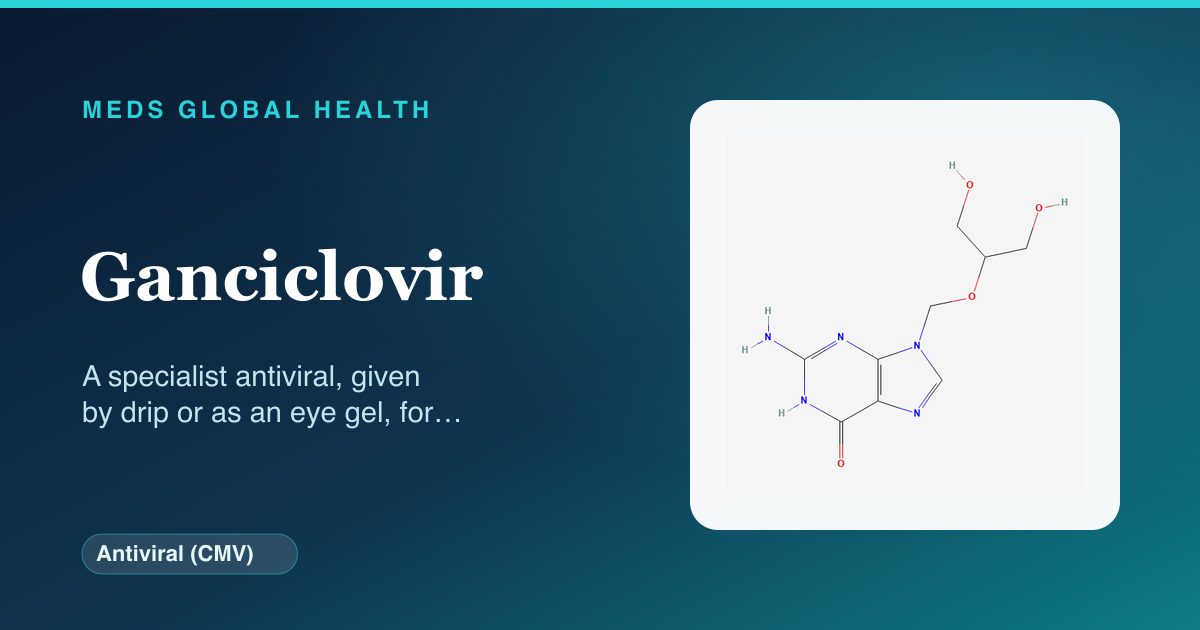 Ganciclovir (Antiviral (CMV)) — Meds Global Health reference card with 2D molecular structure