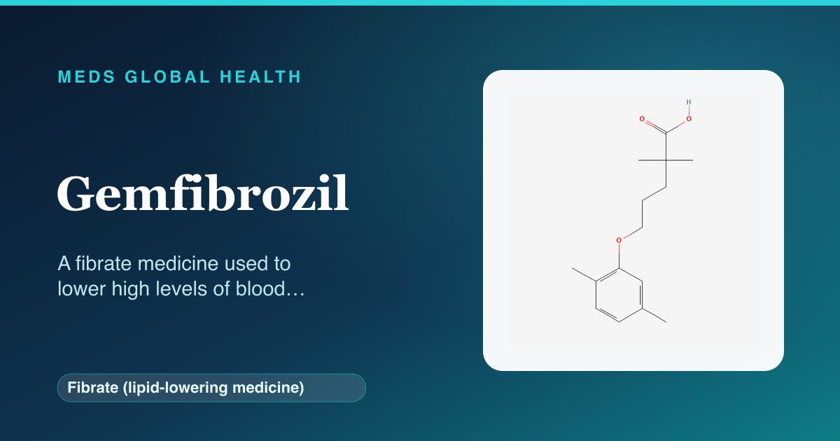 Gemfibrozil (Fibrate (lipid-lowering medicine)) — Meds Global Health reference card with 2D molecular structure