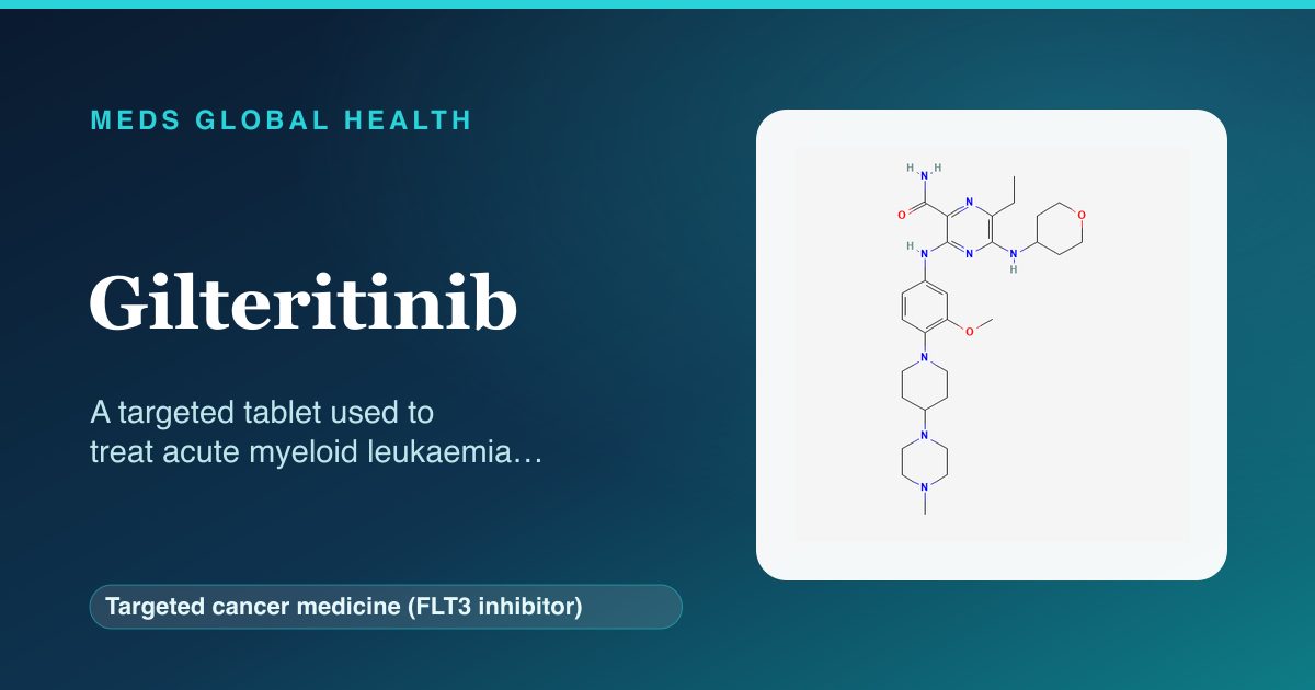 Gilteritinib (Targeted cancer medicine (FLT3 inhibitor)) — Meds Global Health reference card with 2D molecular structure