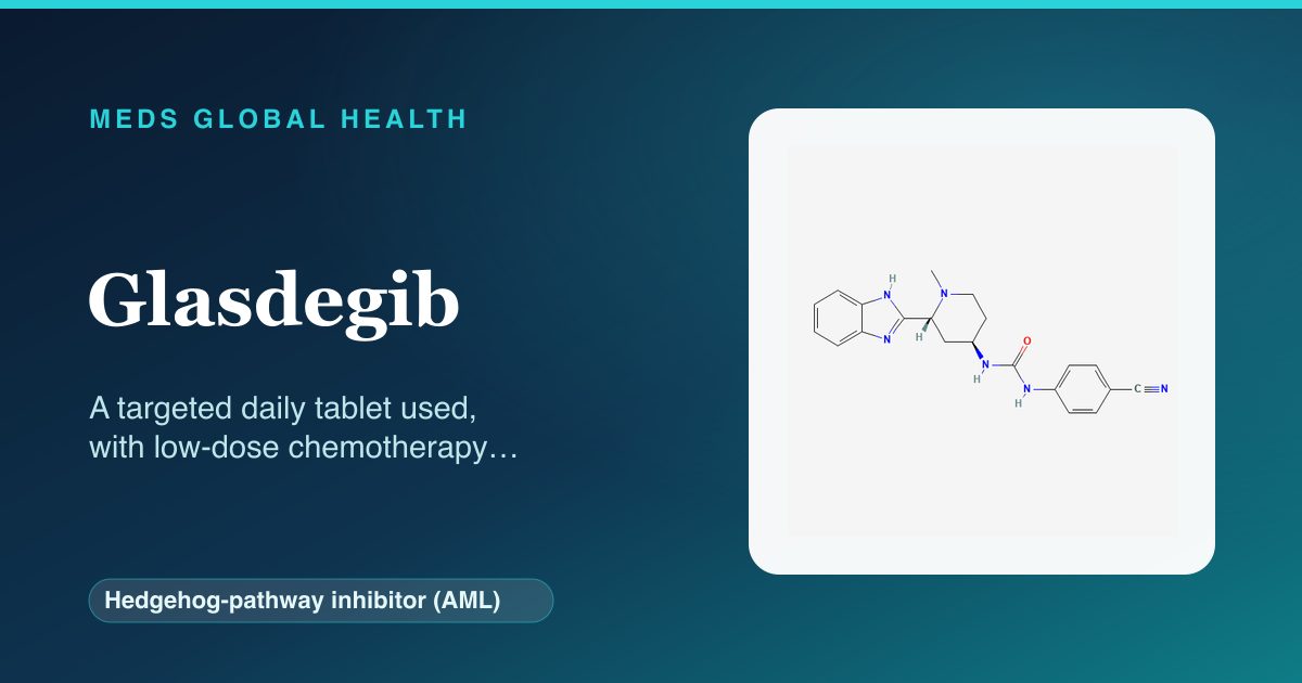 Glasdegib (Hedgehog-pathway inhibitor (AML)) — Meds Global Health reference card with 2D molecular structure