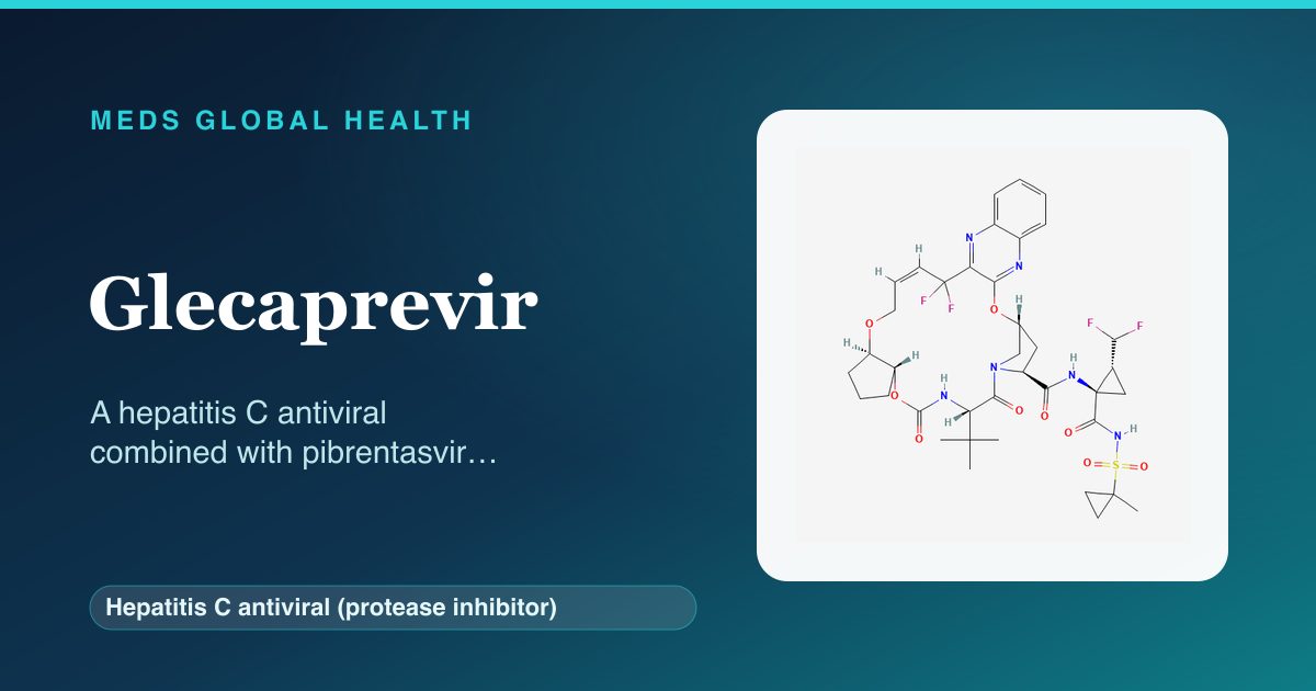 Glecaprevir (Hepatitis C antiviral (protease inhibitor)) — Meds Global Health reference card with 2D molecular structure
