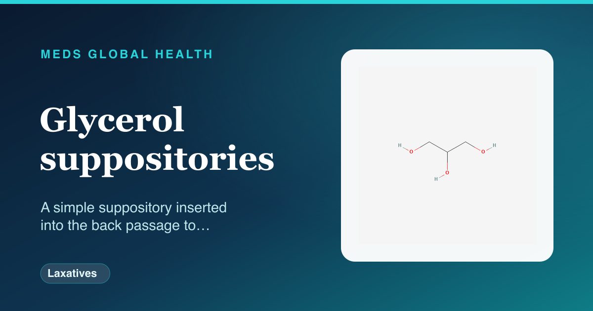 Glycerol suppositories (Laxatives) — Meds Global Health reference card with 2D molecular structure
