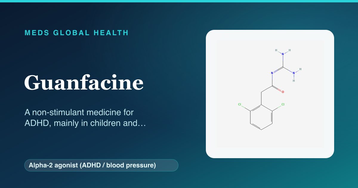 Guanfacine (Alpha-2 agonist (ADHD / blood pressure)) — Meds Global Health reference card with 2D molecular structure