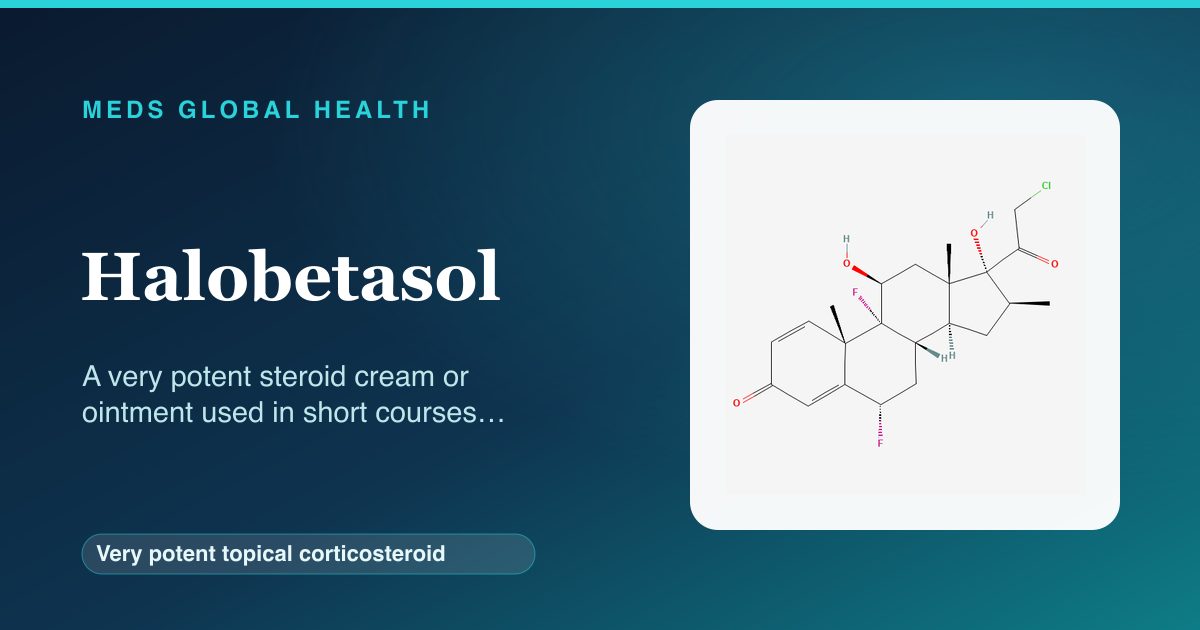 Halobetasol (Very potent topical corticosteroid) — Meds Global Health reference card with 2D molecular structure