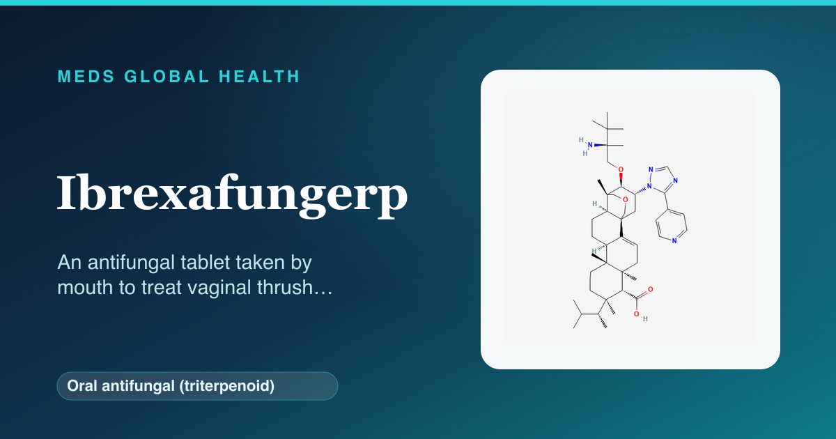 Ibrexafungerp (Oral antifungal (triterpenoid)) — Meds Global Health reference card with 2D molecular structure