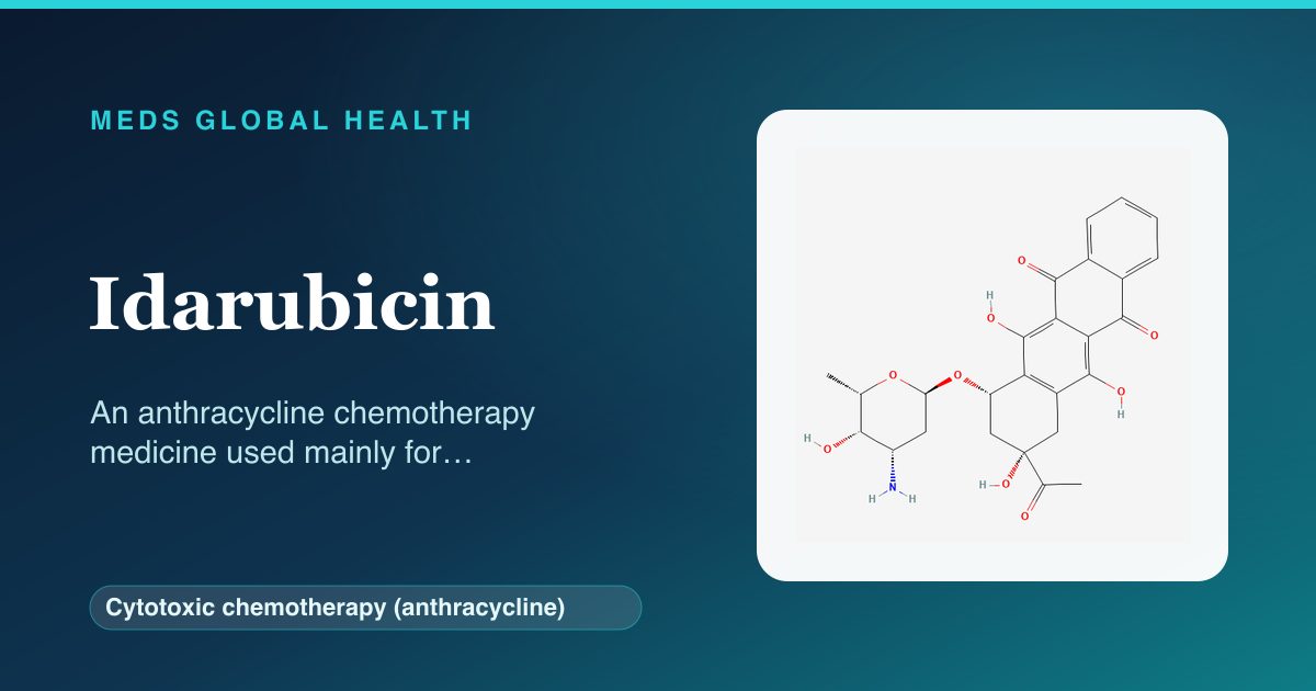Idarubicin (Cytotoxic chemotherapy (anthracycline)) — Meds Global Health reference card with 2D molecular structure