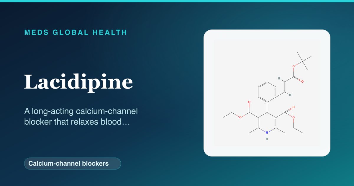 Lacidipine (Calcium-channel blockers) — Meds Global Health reference card with 2D molecular structure