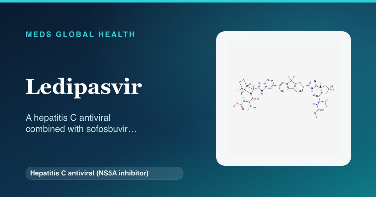 Ledipasvir (Hepatitis C antiviral (NS5A inhibitor)) — Meds Global Health reference card with 2D molecular structure