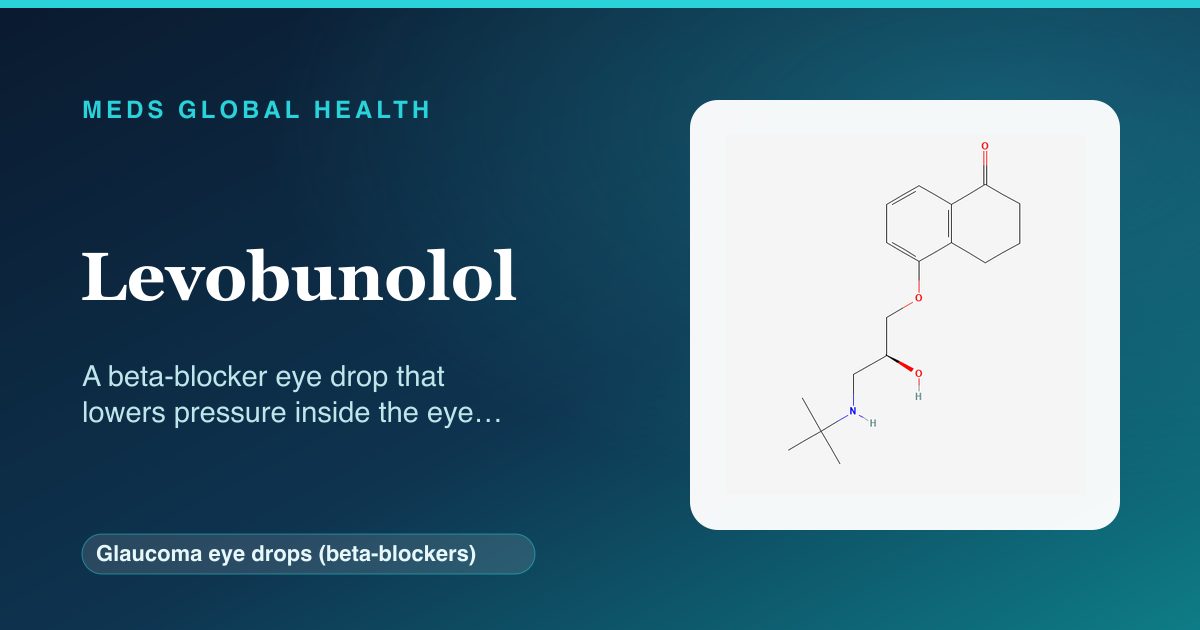 Levobunolol (Glaucoma eye drops (beta-blockers)) — Meds Global Health reference card with 2D molecular structure