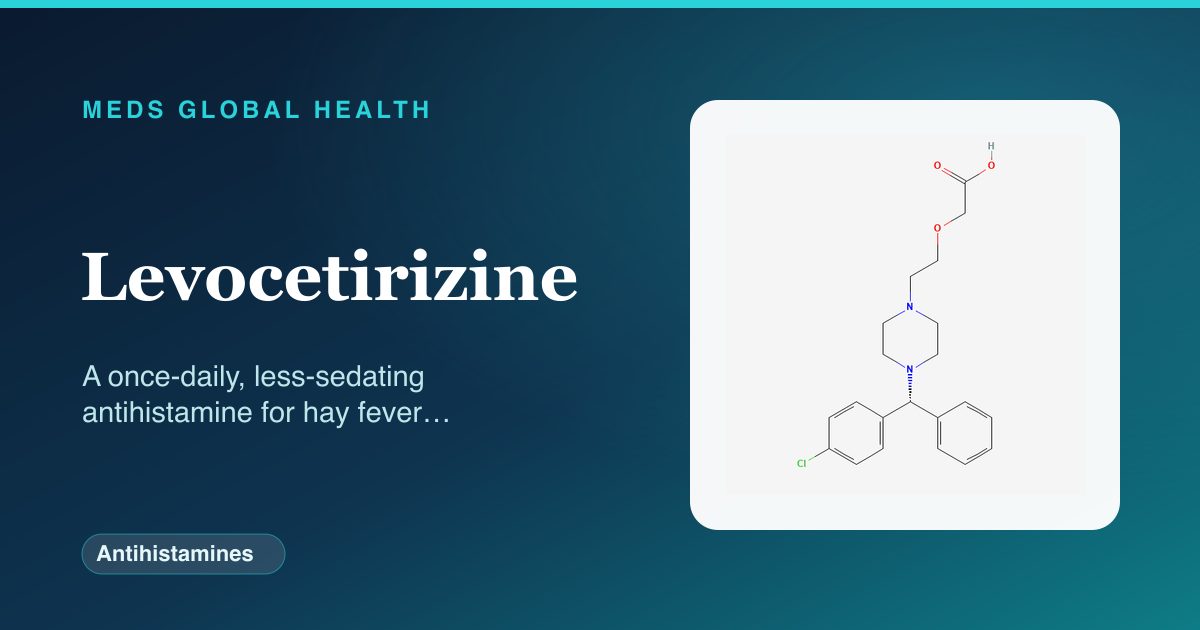 Levocetirizine (Antihistamines) — Meds Global Health reference card with 2D molecular structure